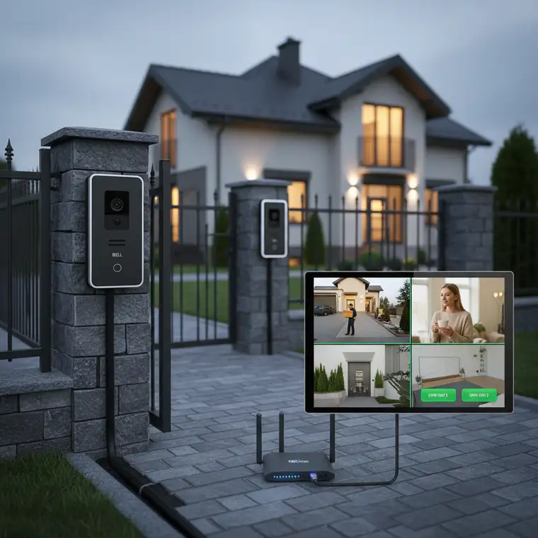 Instalacja przewodowego wideodomofonu z monitorem wewnętrznym i dwiema bramami w domu ze słabym Wi‑Fi