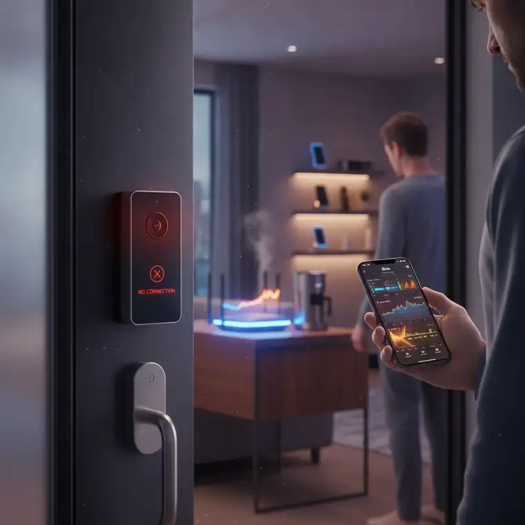 Schemat domowej sieci Wi-Fi: router, wzmacniacz sygnału i wideodomofon w ogrodzie pokazują, jak poprawny dobór pasma 2.4 GHz i 5 GHz stabilizuje połączenie z aplikacją