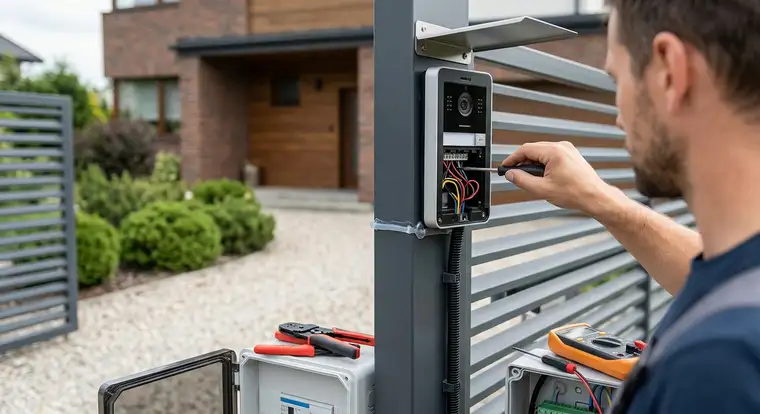 Wideodomofon na wąskim słupku metalowego ogrodzenia, estetyczny montaż z ukrytym okablowaniem i zachowaniem ergonomii dla użytkowników