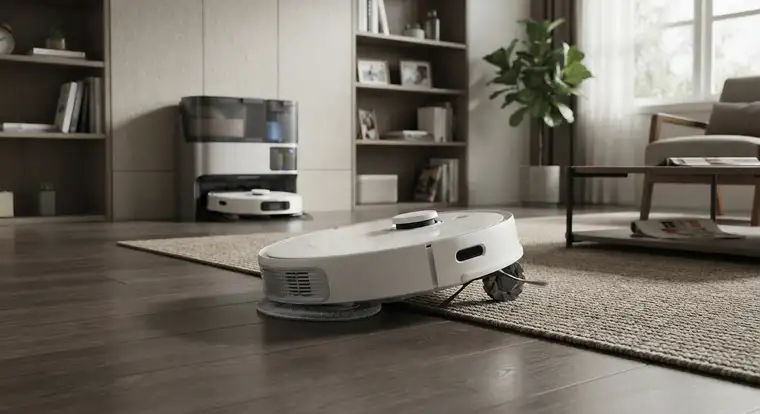 Robot sprzątający z mopem obrotowym i stacją opróżniającą w nowoczesnym wnętrzu - parametry i budżet na dobry model