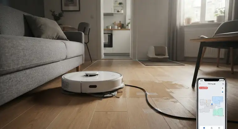 Robot sprzątający do 1000 zł wraca do bazy po posprzątaniu małego mieszkania w bloku, omijając progi i meble