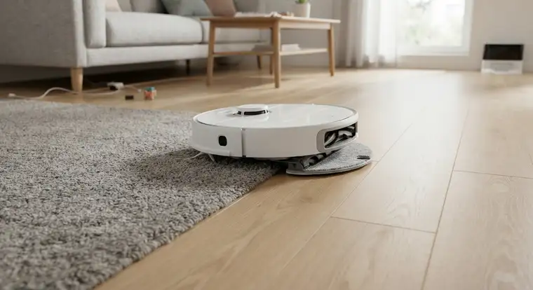 Robot sprzątający do 2000 zł ze stacją dokującą w domu z panelami i dywanami; nowoczesne urządzenie z mopem w codziennej pracy