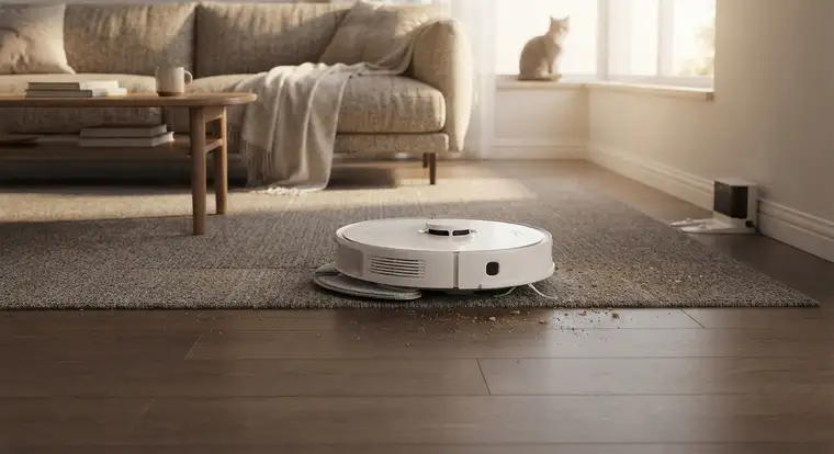 Robot sprzątający do 1000 zł z mopem uniesionym na dywanie w salonie: sprawdzone modele Xiaomi, Roborock i Dreame