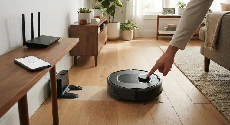 Robot sprzątający na podłodze w salonie - bez Wi-Fi i aplikacji poradzi sobie z podstawowym sprzątaniem